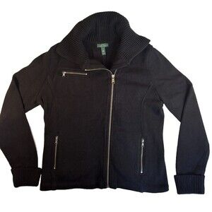 Lauren Ralph Lauren LRL Full Zip Cotton Sweater Jacket Black Moto Rib Knit Women